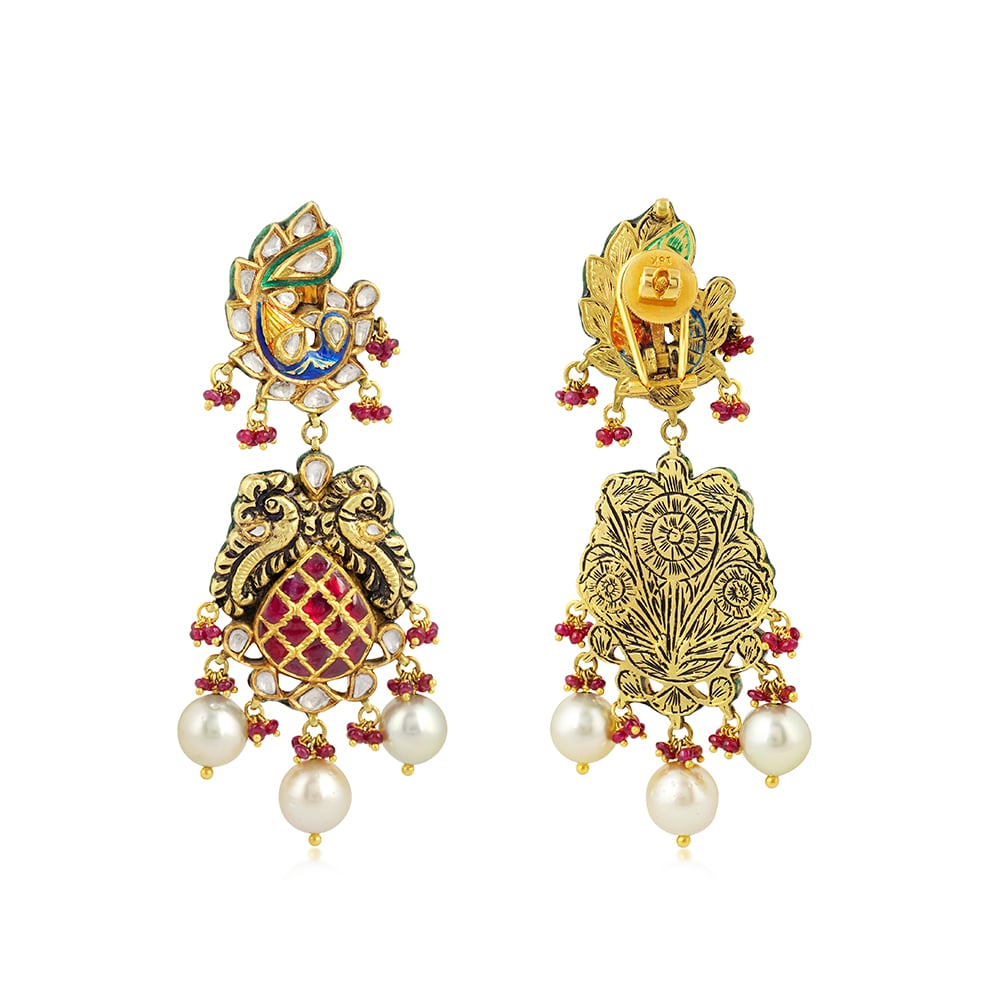 Peacock Stud Earrings with Polki, Ruby Talafs, and Pearls